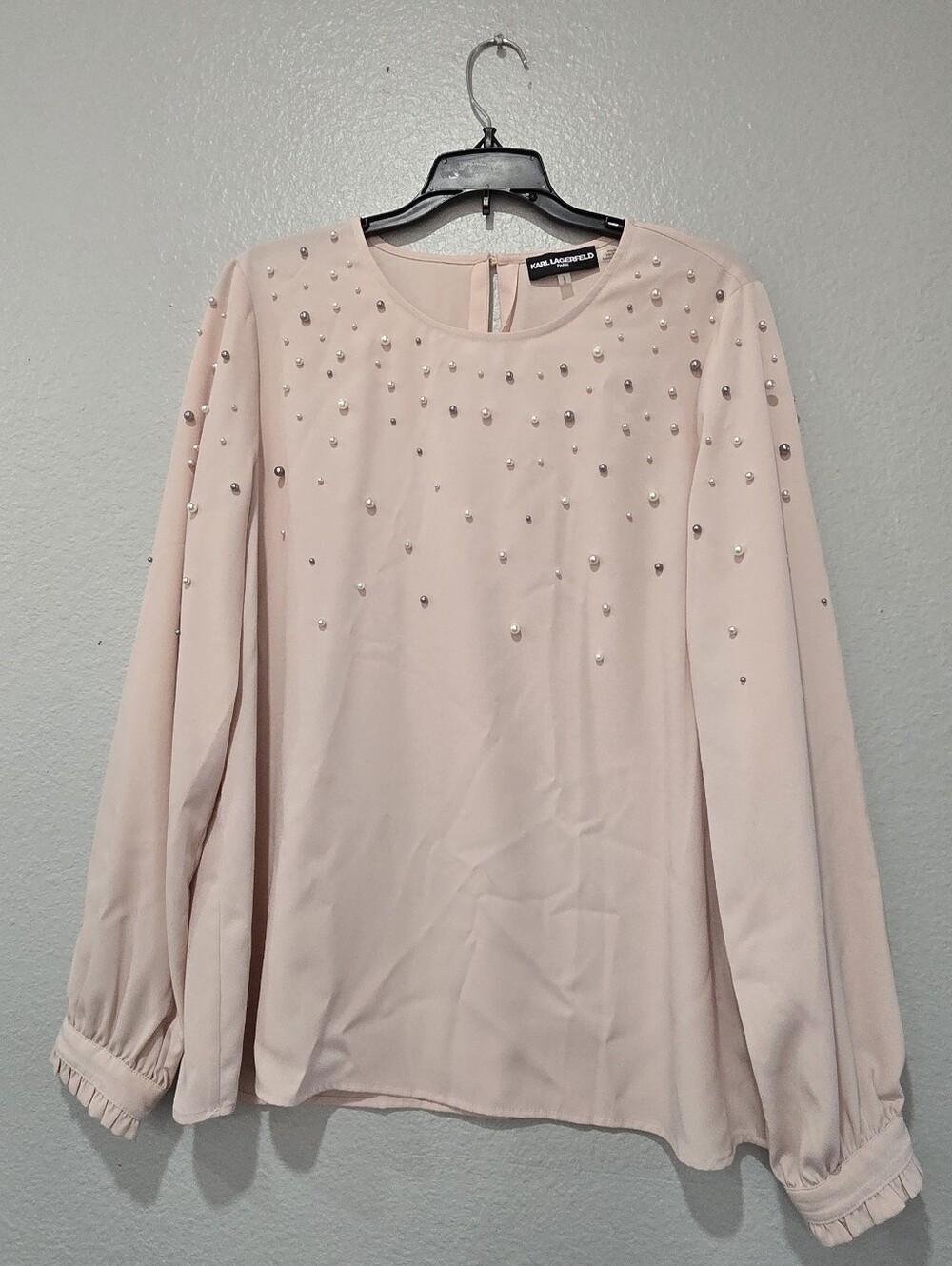 Karl Lagerfeld Pale Blush Pearl & Crystal Embellished Long Sleeve Blouse